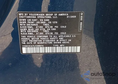 2020 Volkswagen Atlas Cross Sport 2.0T Se W/Technology/2.0T Se W/Technology R-Line из США, поврежденный, VIN 1V25C2CA7LC206074